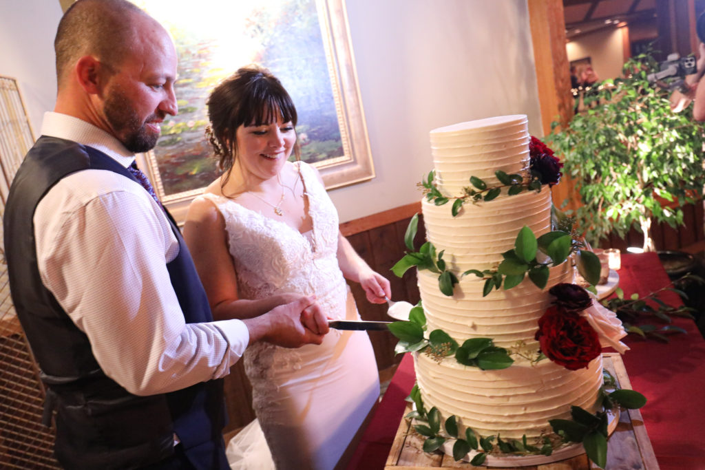 a bride cuts a cake in Asheville NC.  