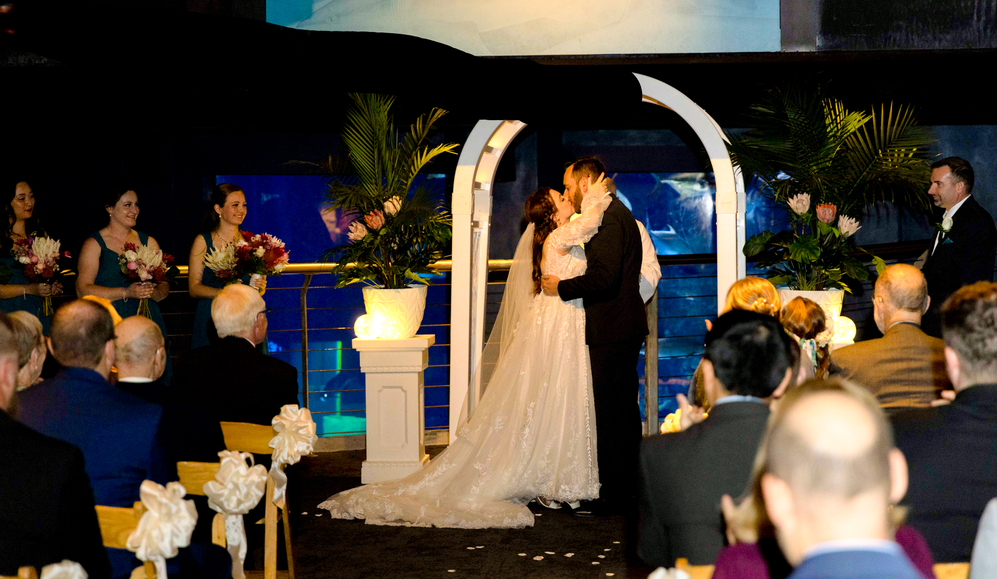 A bride and groom have their first kiss in the aquarium last fort fisher. 