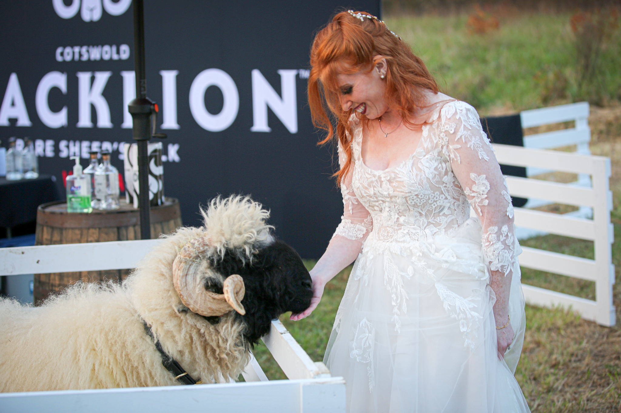 A bride pets a sheep at her Wedding on a farm in Nasheville. 