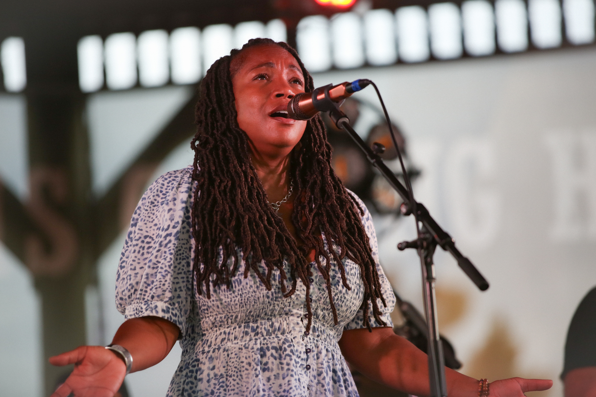 Miko Marks performs on the gazebo stage of Earl Scruggs Festival. 